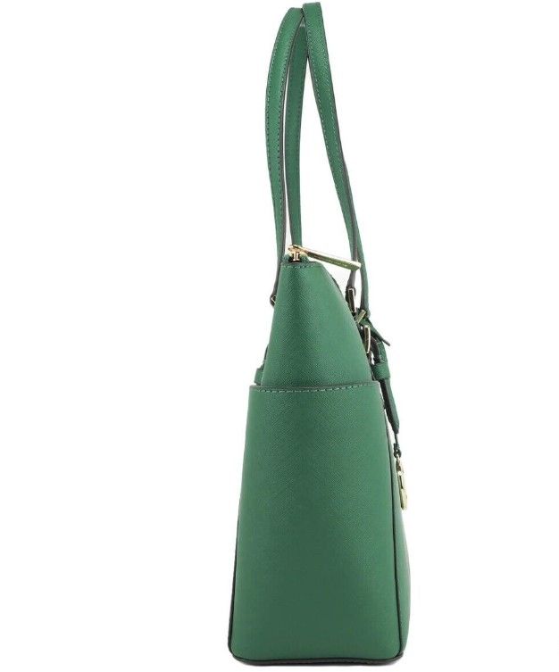 Charlotte Large Saffiano Leather Jewel Green Top Zip Tote Handbag