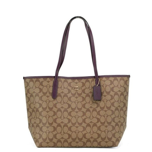 Signature Coated Canvas Khaki Boysenberry City Tote Shoulder Bag