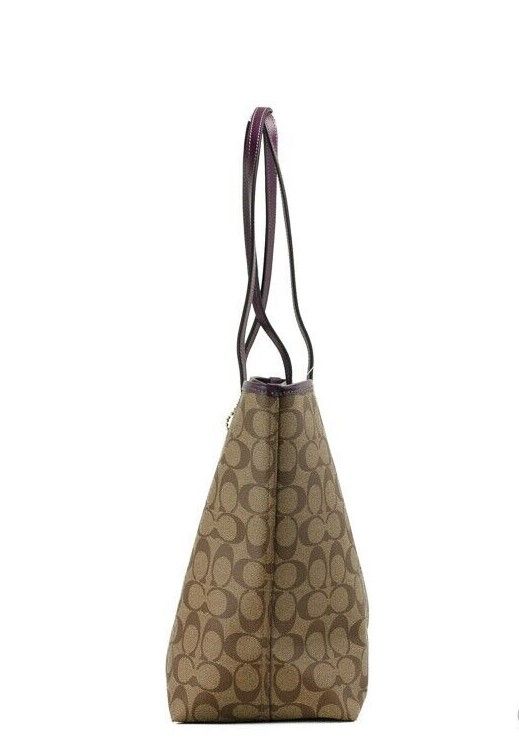 Signature Coated Canvas Khaki Boysenberry City Tote Shoulder Bag