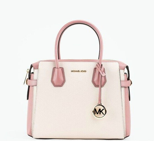 Mercer Medium Pink Pebbled Leather Top Zip Belted Satchel Handbag