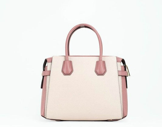 Mercer Medium Pink Pebbled Leather Top Zip Belted Satchel Handbag