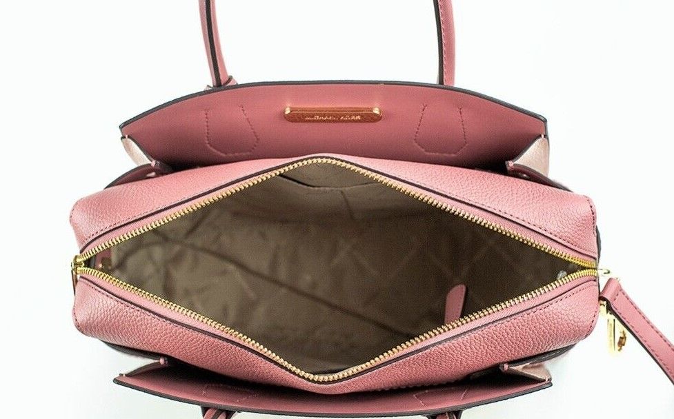 Mercer Medium Pink Pebbled Leather Top Zip Belted Satchel Handbag