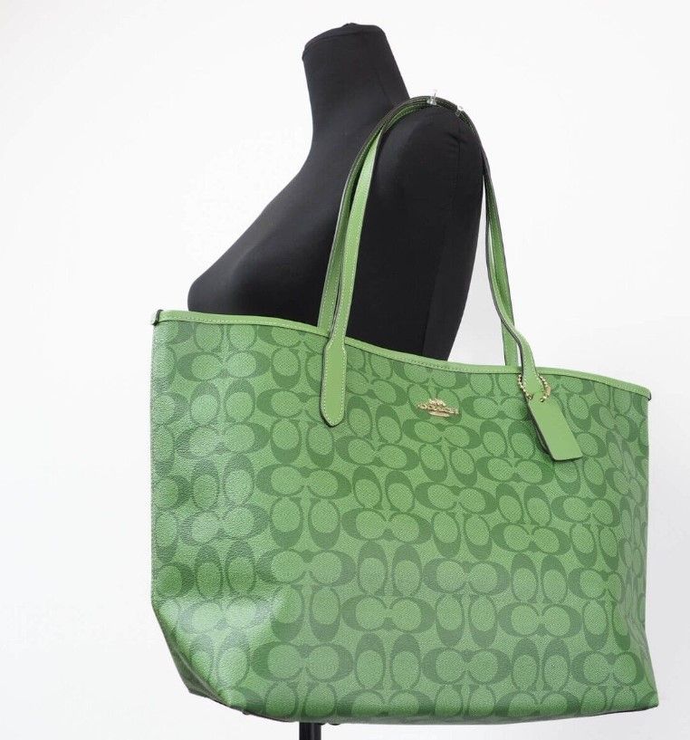 (CA157) Neon Green Signature Coated Canvas City Tote Shoulder Handbag