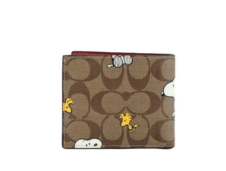 Peanuts 3n1 Signature Leather Snoopy Woodstock Bifold Wallet Khaki Multi