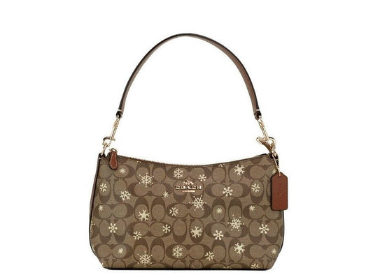 Clara Medium Snowflake Print Khaki Canvas Shoulder Handbag Purse