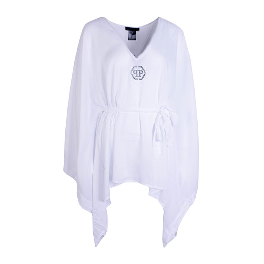 Elegant White Viscose Caftan with Crystal Logo