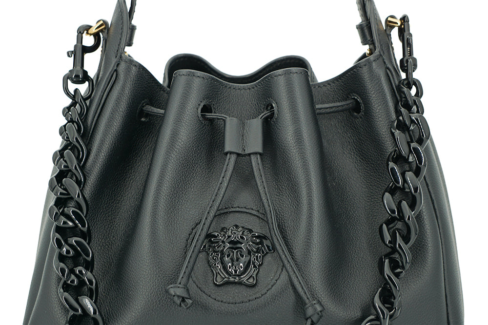 Elegant Black Leather Medusa Hobo Bag