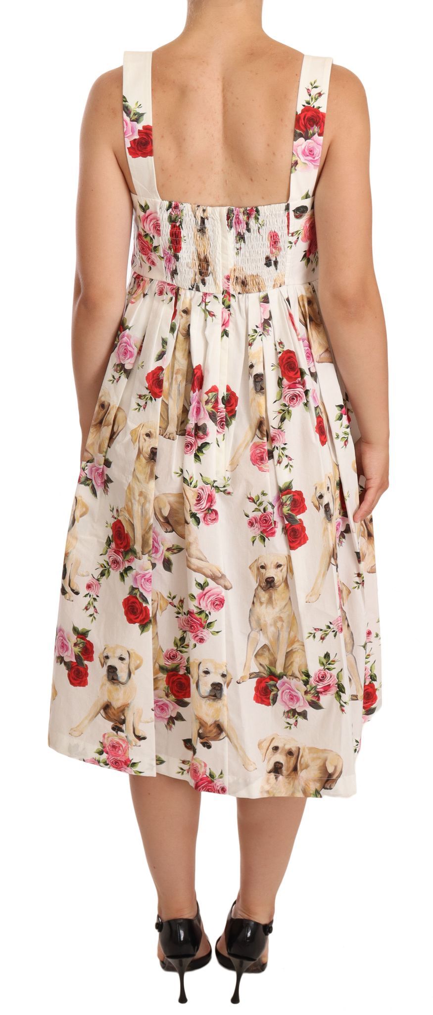 White Floral Dog Print Cotton Pleated Gown Dress