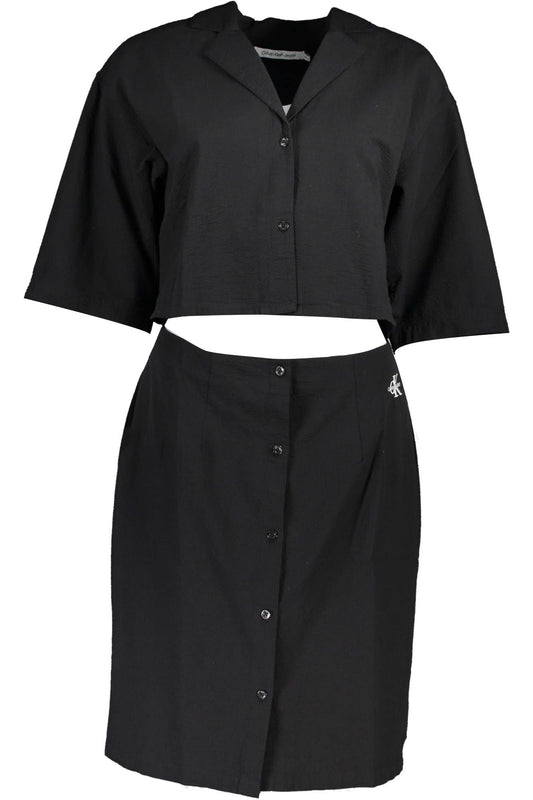 Chic Black Cotton Dress with Waist Detail