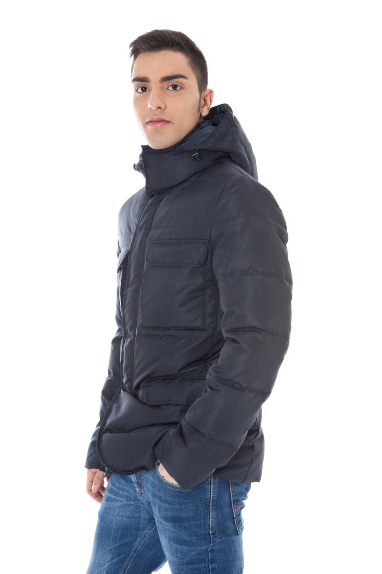 Chic Blue Men's Down Jacket with Removable Hood