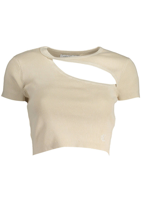 Chic Beige Embroidered Logo Tee