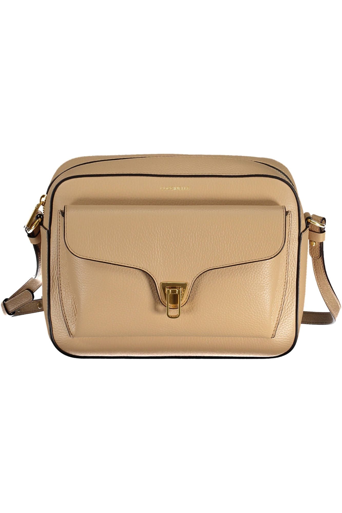 Chic Beige Leather Shoulder Bag with Turn Lock