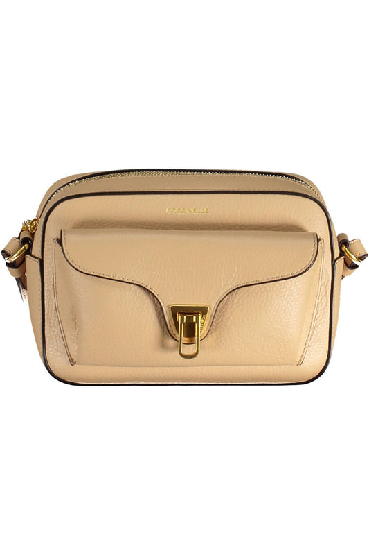 Elegant Beige Leather Shoulder Bag with Pockets