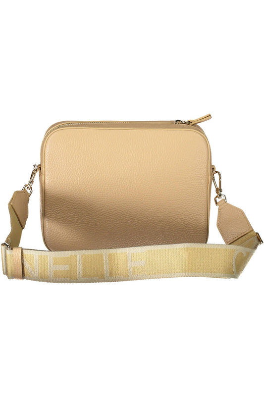 Beige Contrast Detail Leather Shoulder Bag