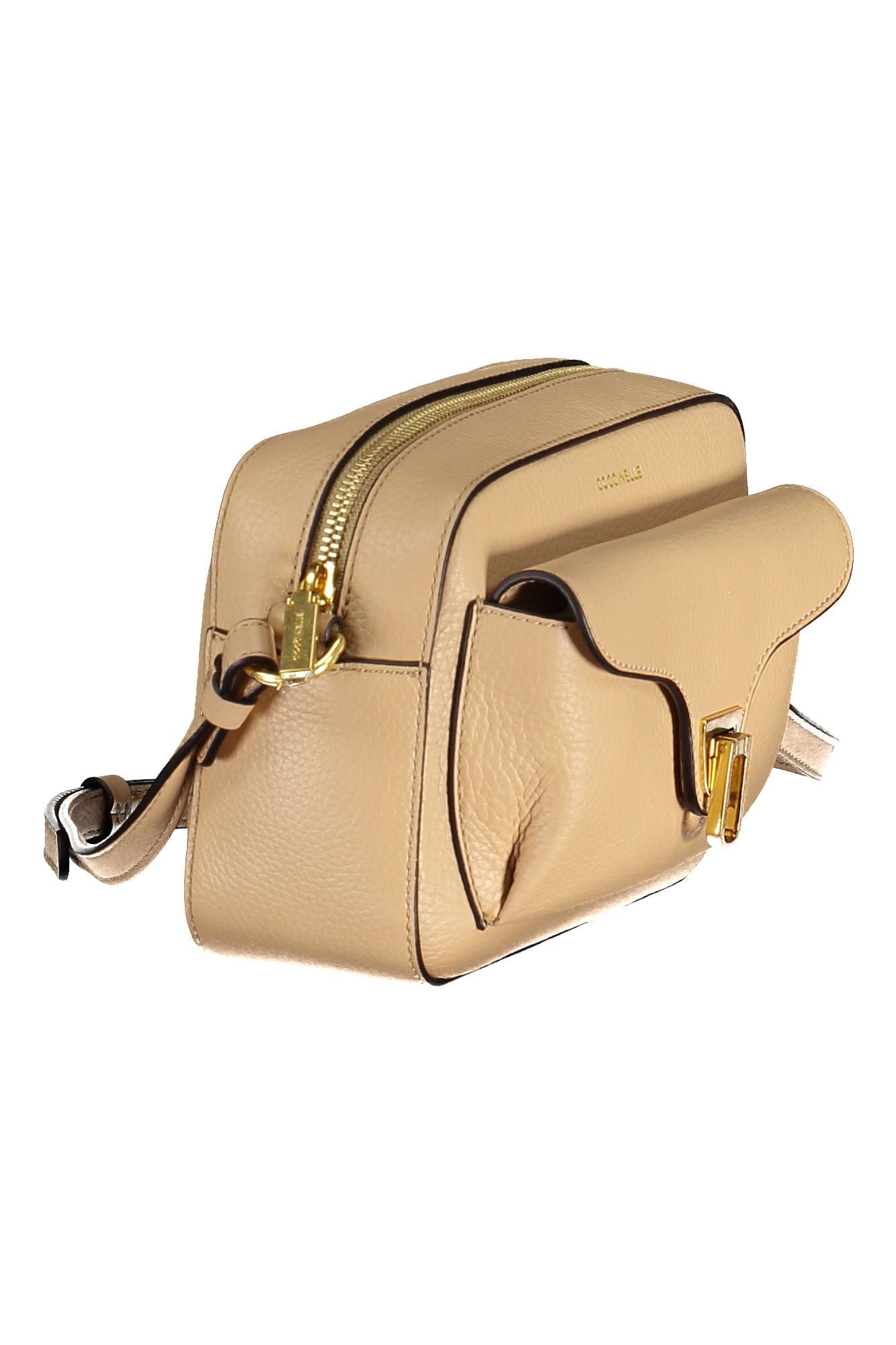 Elegant Beige Leather Shoulder Bag with Pockets