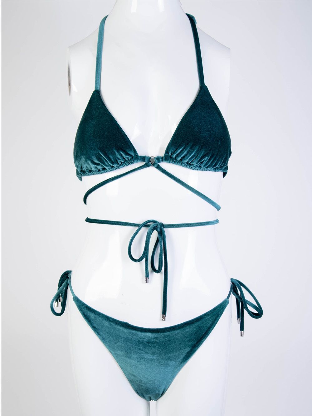 Green Velvet Terry Lace-Up Bikini Swimwear