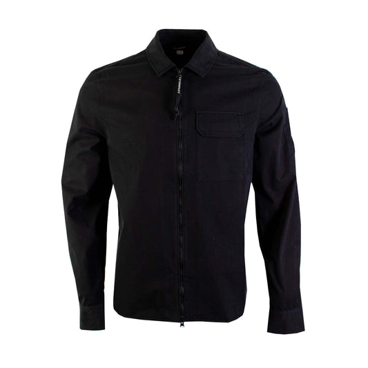 Sleek Black Cotton Overshirt with Zip Pocket