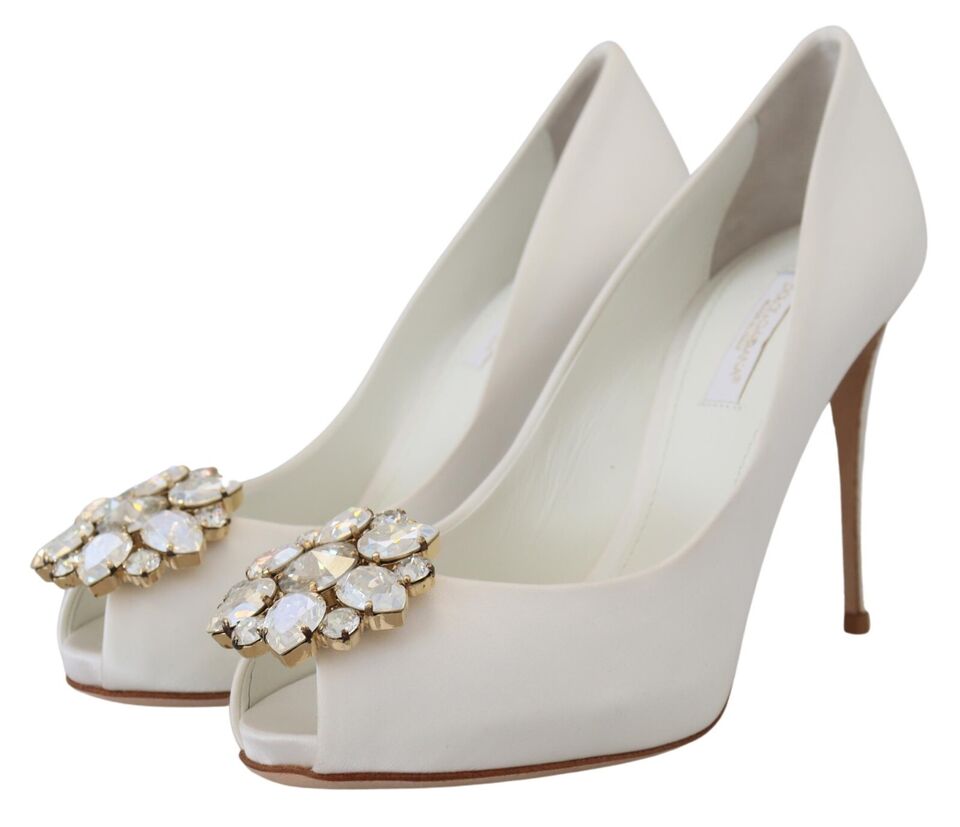 White Crystals Peep Toe Heel Satin Pumps