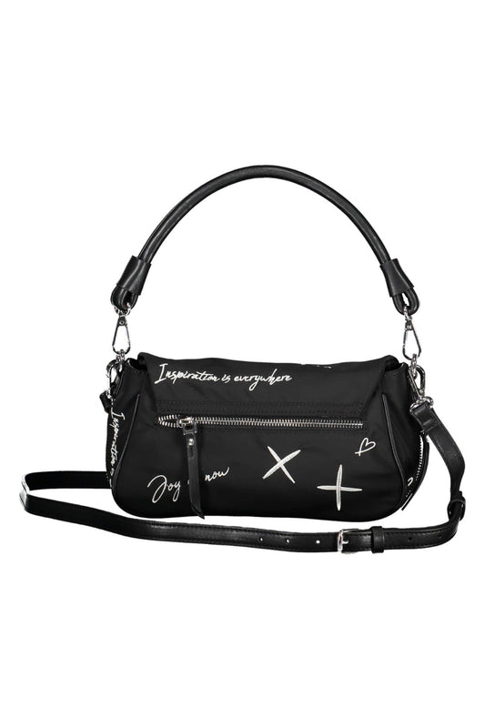 Chic Embroidered Black Handbag with Contrasting Details