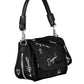 Chic Embroidered Black Handbag with Contrasting Details