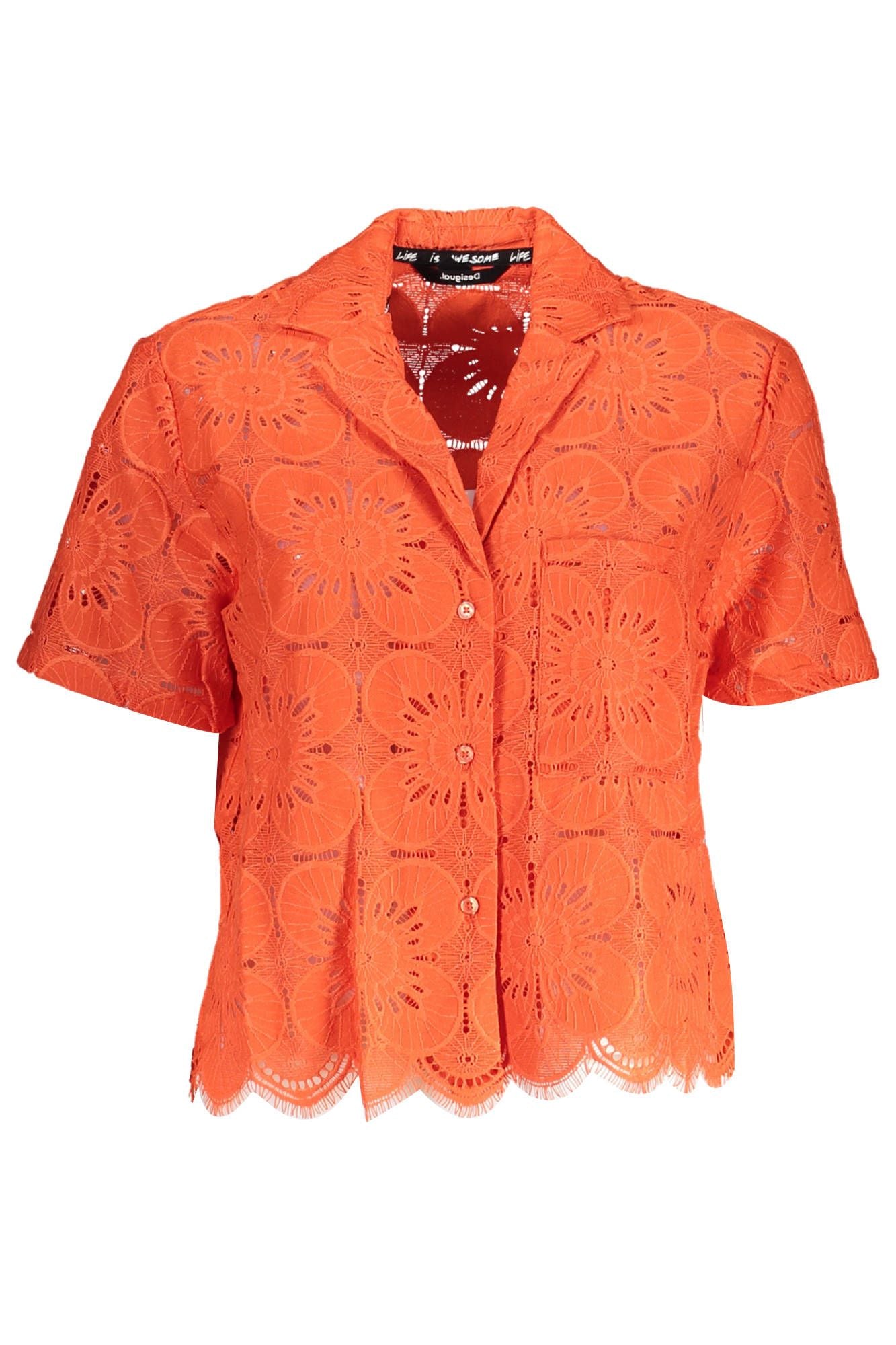 Vibrant Orange V-Neck Shirt with Contrasting Details