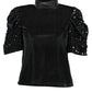 Chic Puff Sleeve High Collar Tee in Black