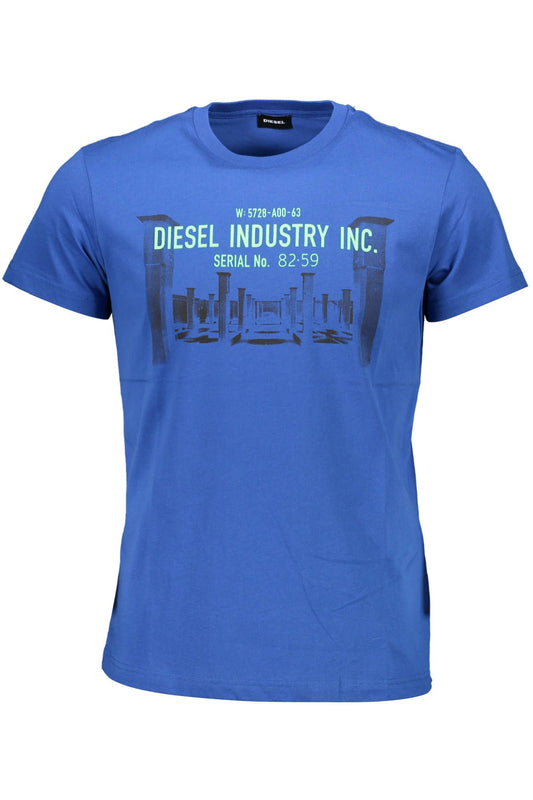 Blue Cotton Crew Neck Tee with Graphic Logo