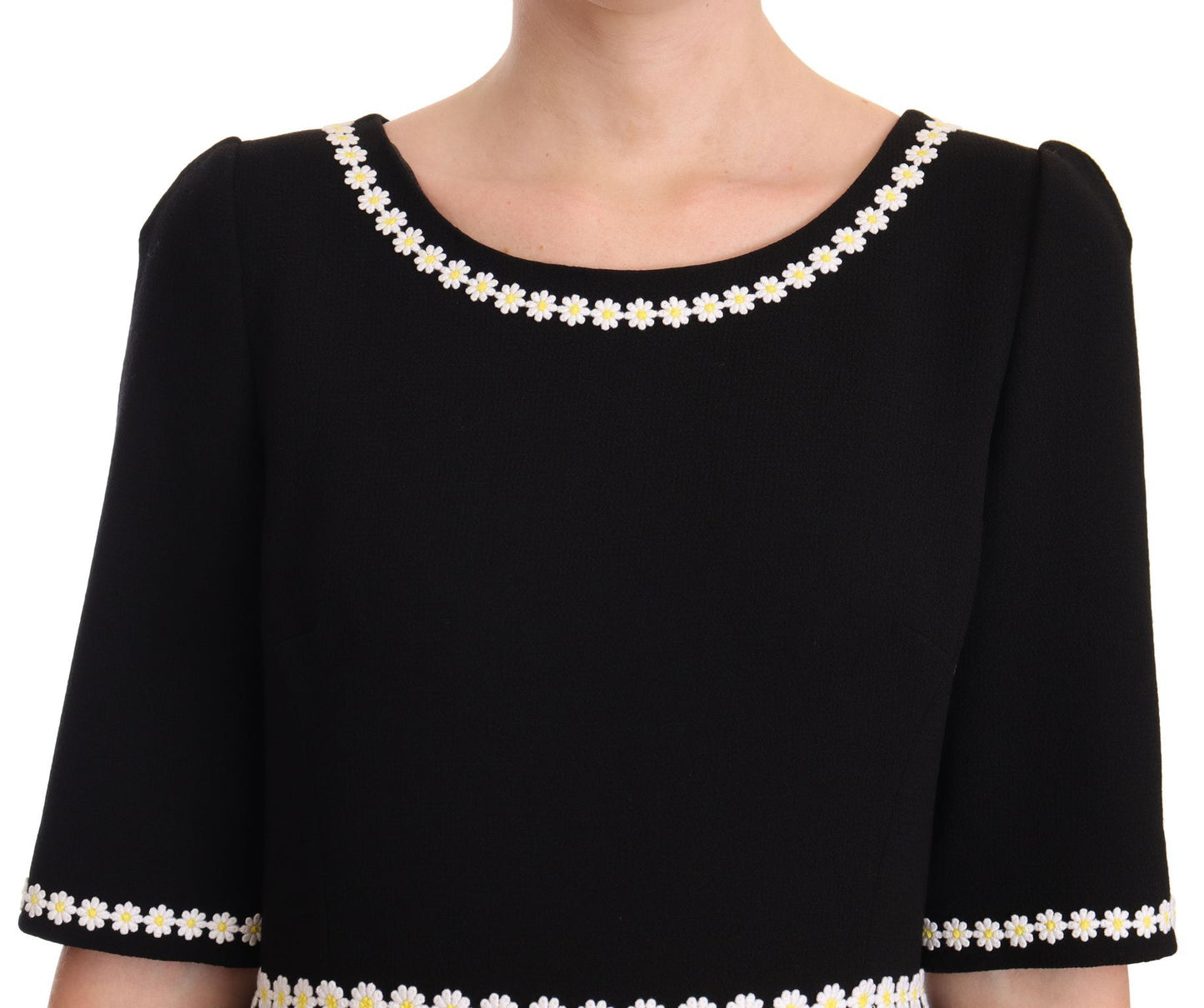 Chic Black Daisy Embroidered A-Line Midi Dress