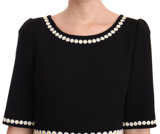 Chic Black Daisy Embroidered A-Line Midi Dress