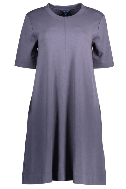 Chic Blue Round Neckline Short Dress with Pockets