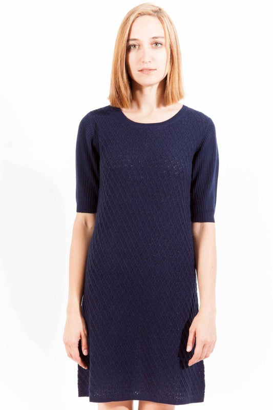 Elegant Short Sleeve Blue Wool Dress