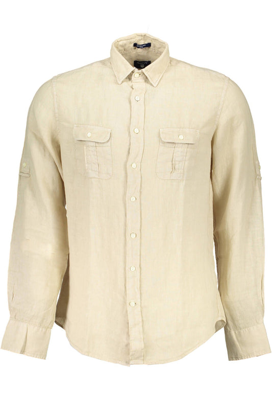 Elegant Beige Linen Long Sleeve Shirt