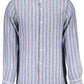 Chic Blue Linen Long Sleeve Shirt with Korean Collar