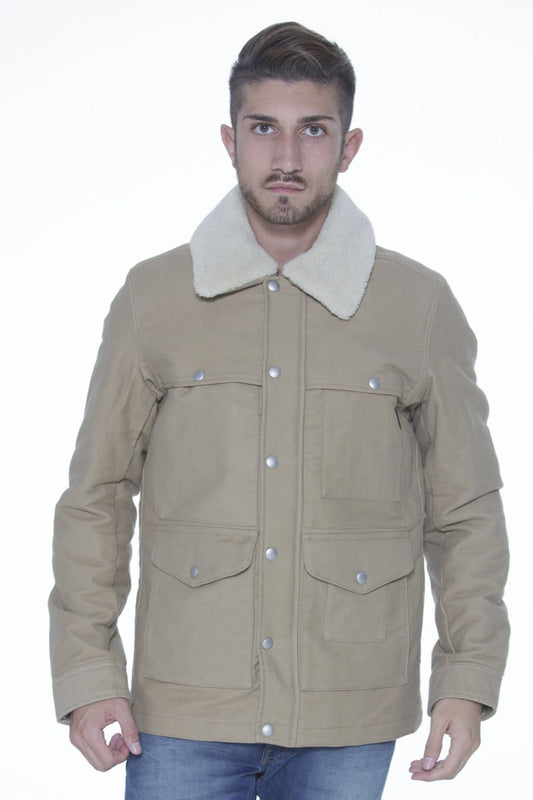 Beige Long-Sleeve Cotton Jacket with Logo Detail