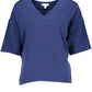 Chic Blue V-Neck Cotton Tee with Logo Detail