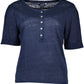 Chic Blue Linen Tee with Button Detail