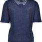 Chic Blue Linen Tee with Button Detail