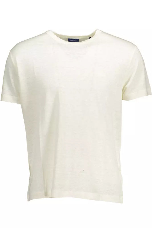 Elegant White Linen Tee with Embroidered Logo