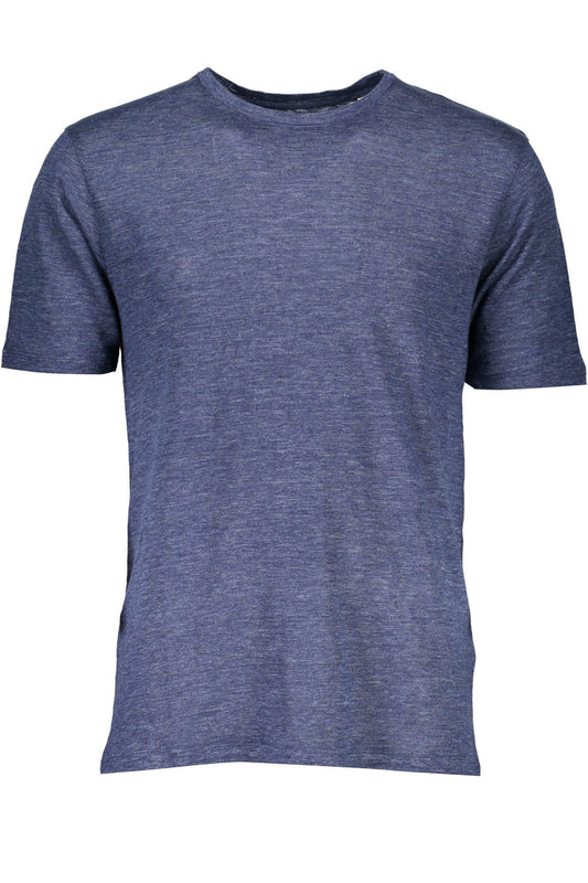 Chic Blue Linen Round Neck Tee with Logo Detail