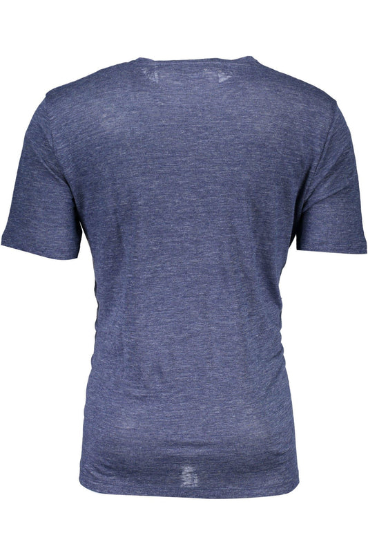 Chic Blue Linen Round Neck Tee with Logo Detail