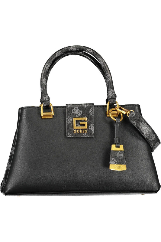 Elegant Black Polyurethane Handbag with Contrasting Details