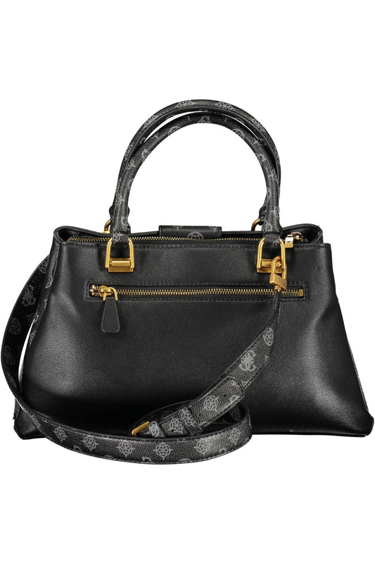 Elegant Black Polyurethane Handbag with Contrasting Details