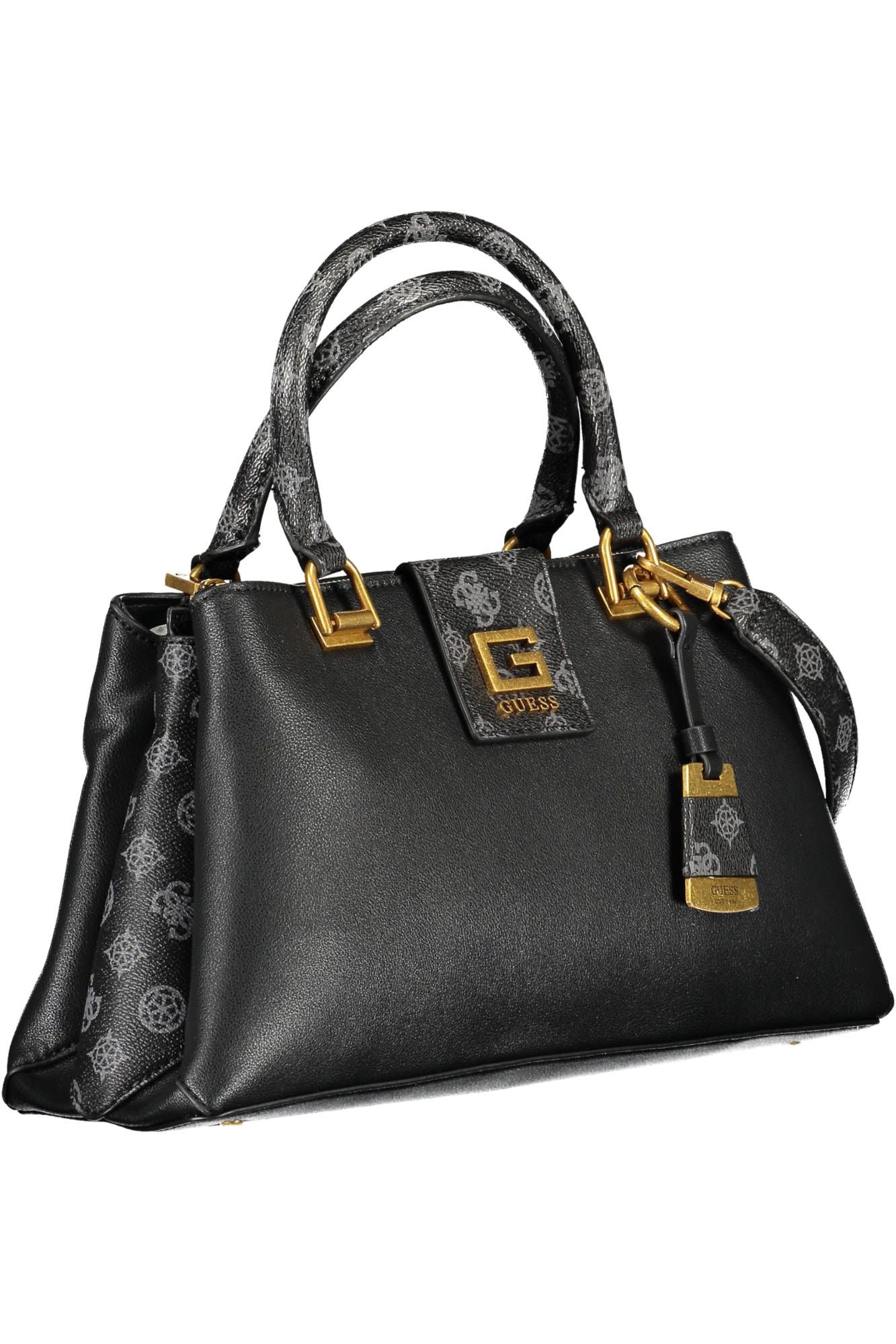 Elegant Black Polyurethane Handbag with Contrasting Details