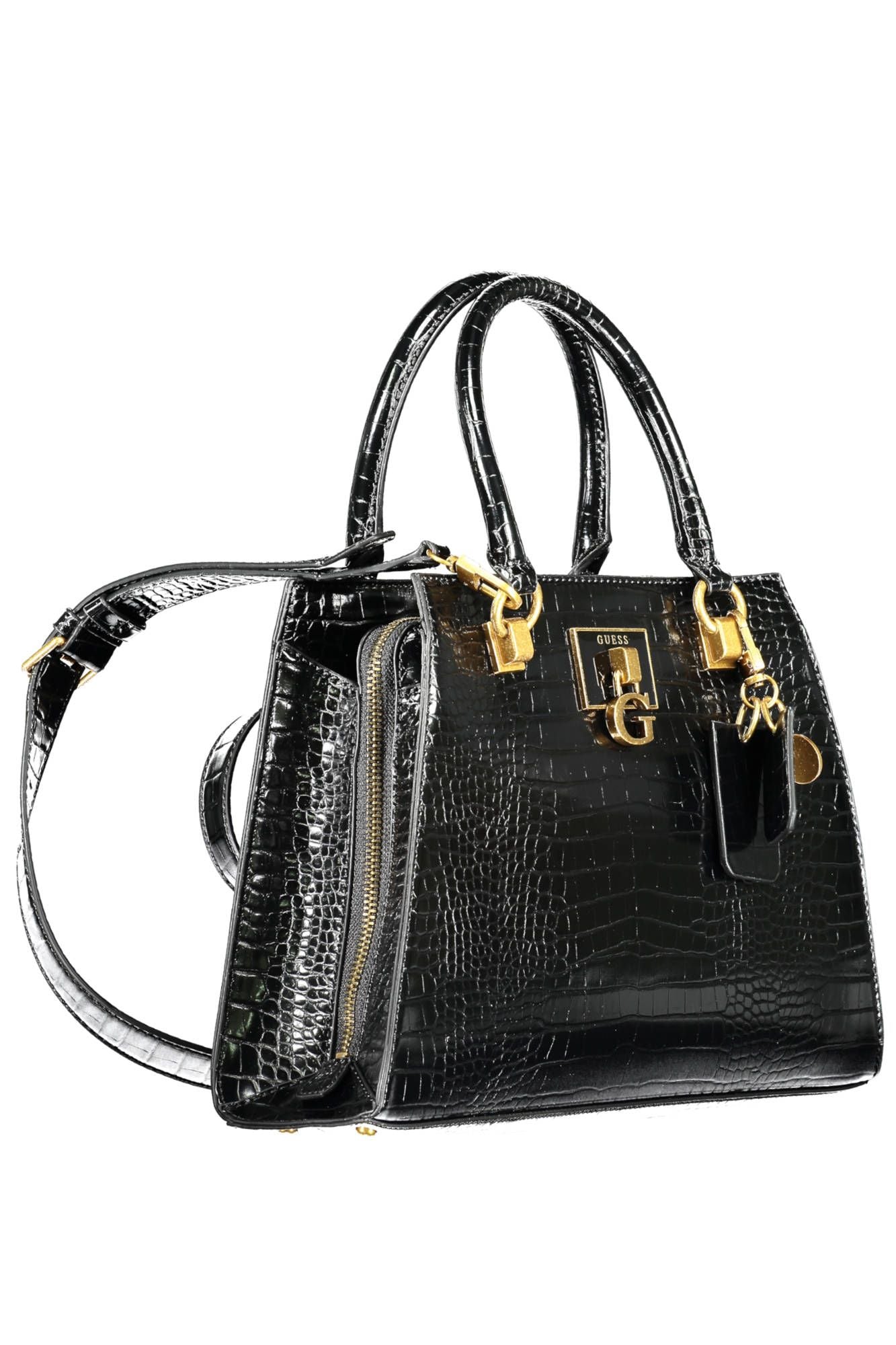 Chic Black Polyurethane Handbag with Contrasting Details