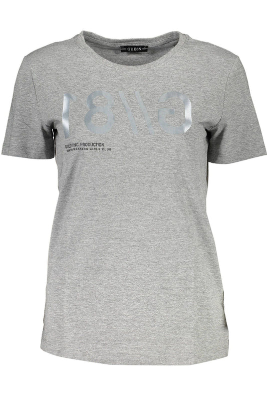 Chic Gray Logo Print Tee with Wide Neckline