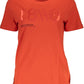 Chic Red Wide Neckline Tee with Logo Print