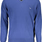 Chic Blue V-Neck Wool Sweater with Contrasting Details
