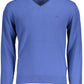Elegant Blue V-Neck Wool Sweater with Contrast Details