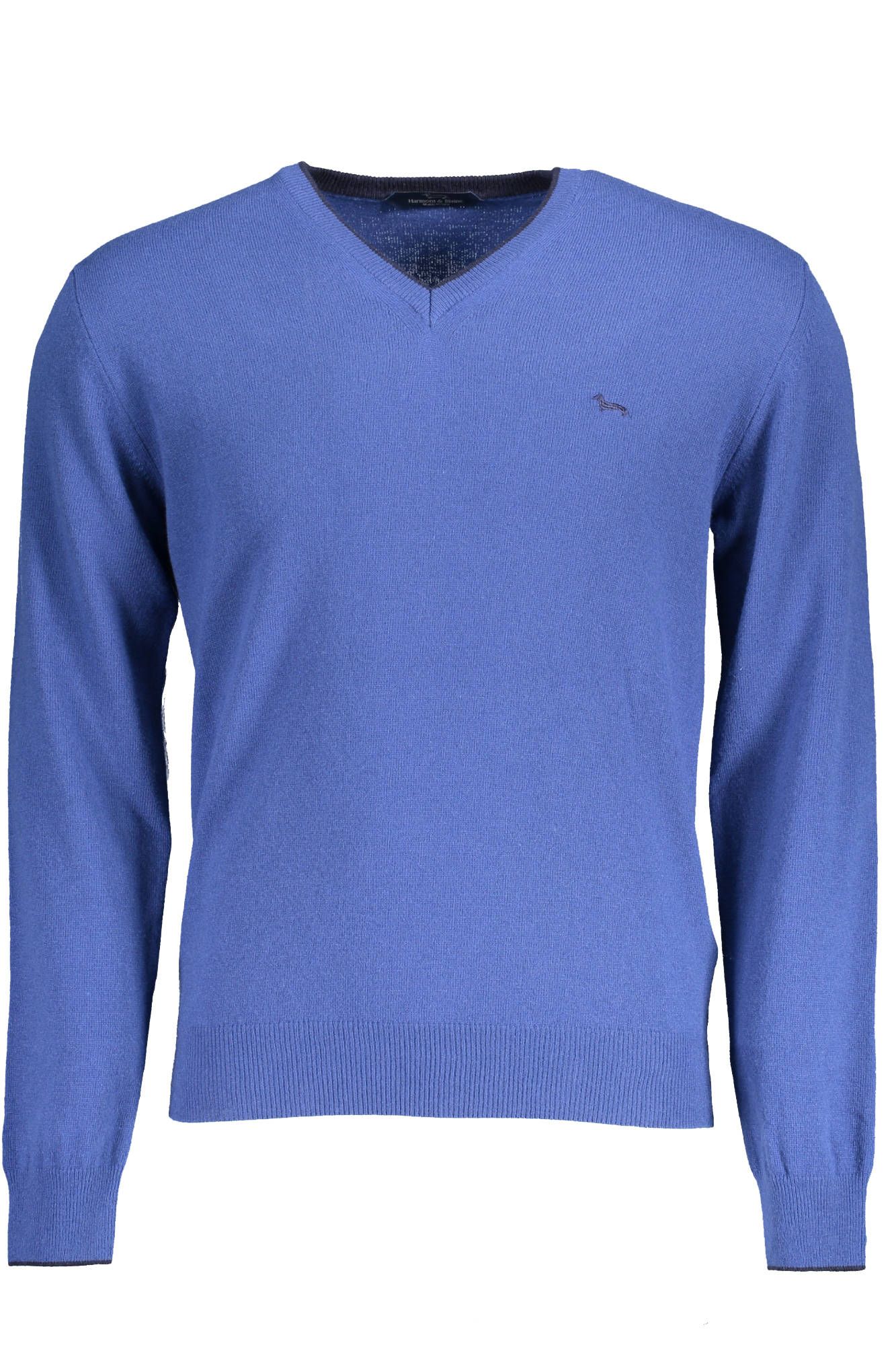 Elegant Blue V-Neck Wool Sweater with Contrast Details