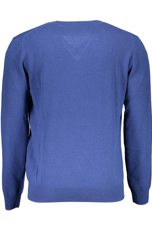 Chic Blue V-Neck Wool Sweater with Contrasting Details